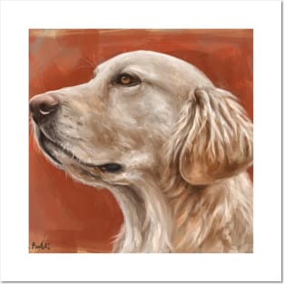 Painting of a Gorgeous Golden Retriever Looking Up on Orange Background Posters and Art